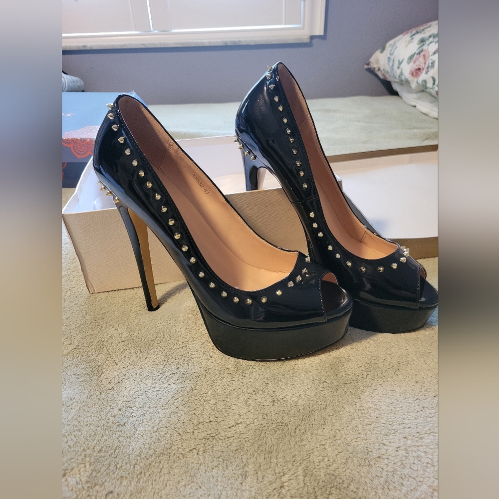 Black and gold Patent Leather Stilettos
